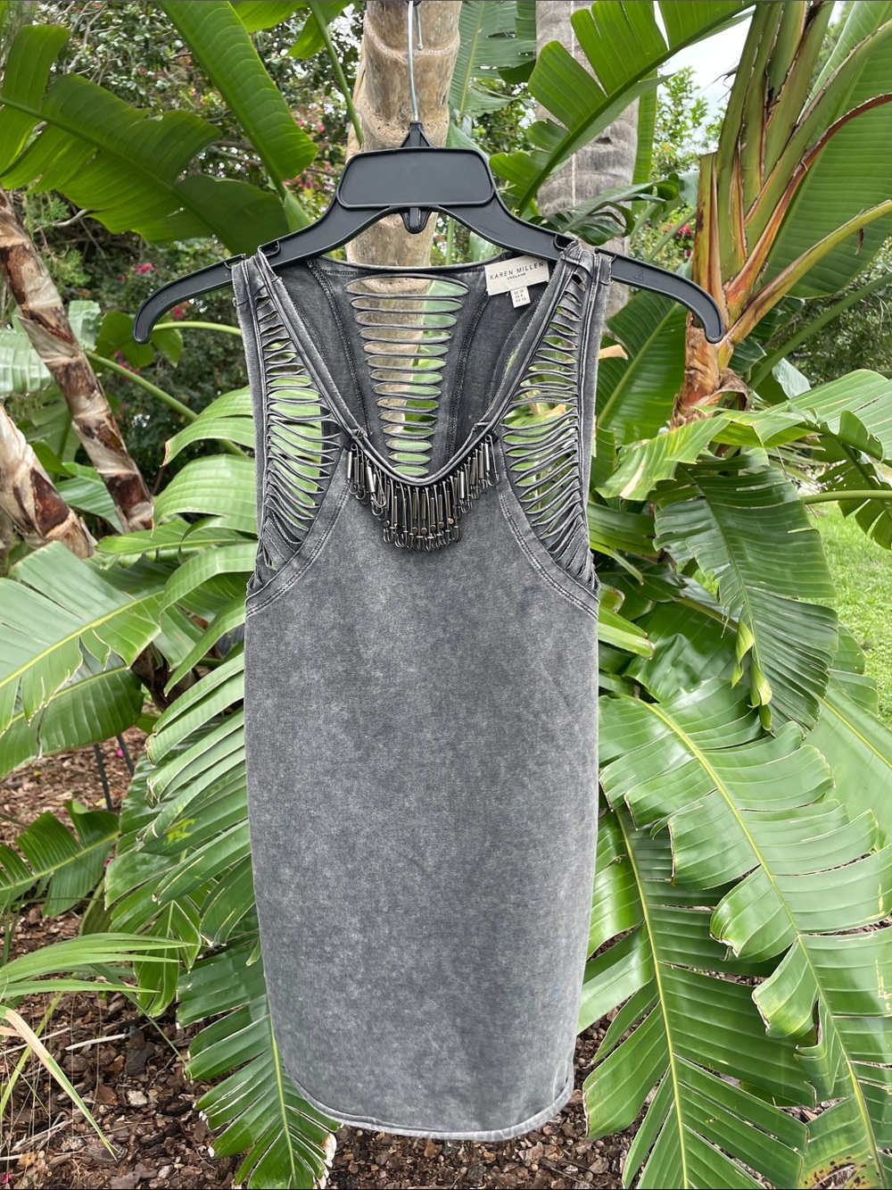 mineral wash tank top with cut outs and safety pin fringe
